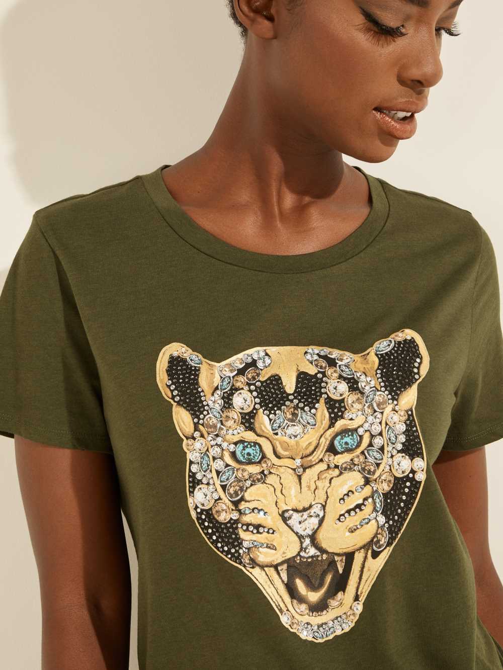 Green Women's Guess Leopard Bling T-shirt Australia Sale | 781MWHYVC