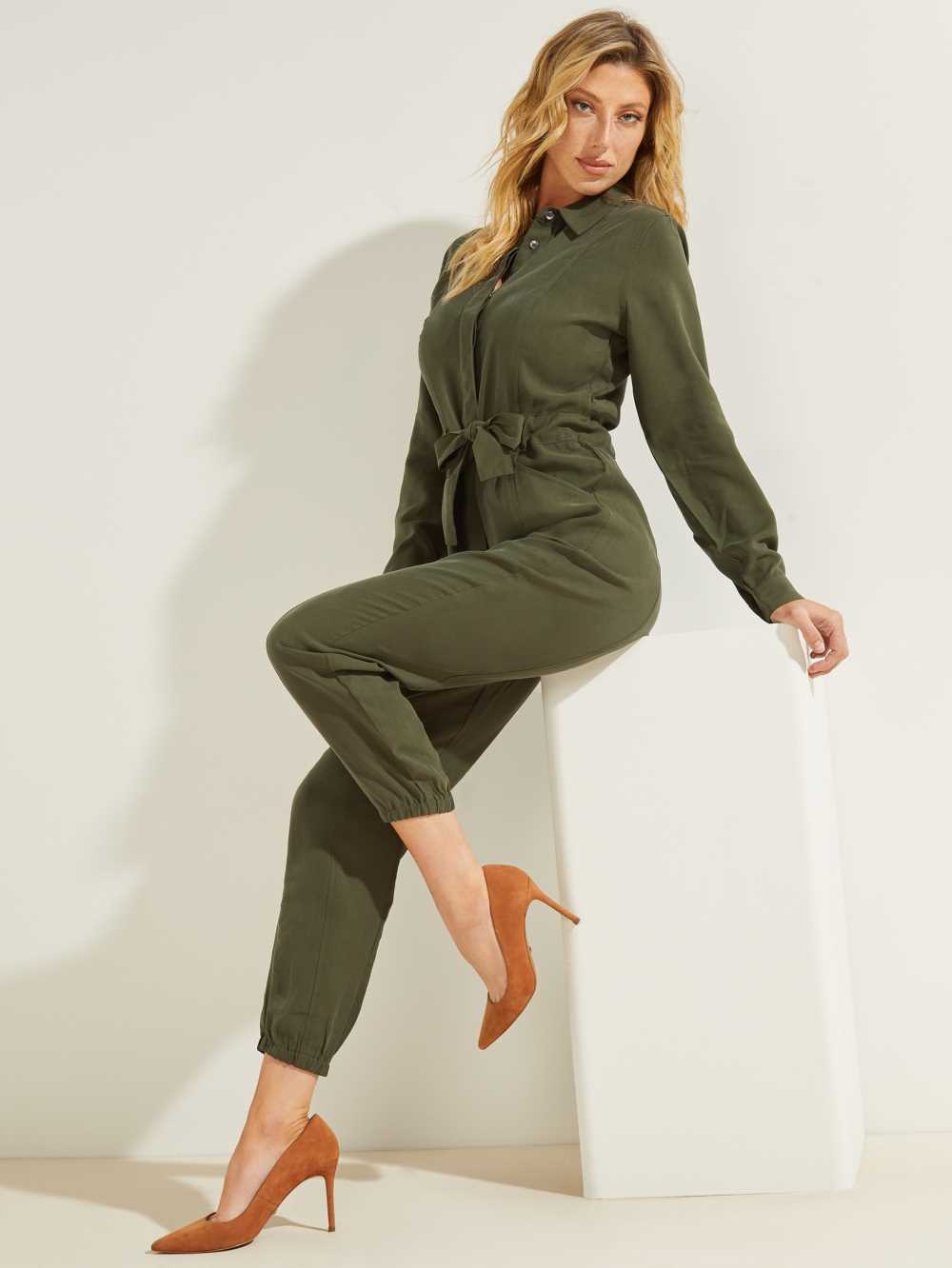 Green Women\'s Guess Neva Sandwashed Jumpsuit Australia Sale | 154YBLQVA