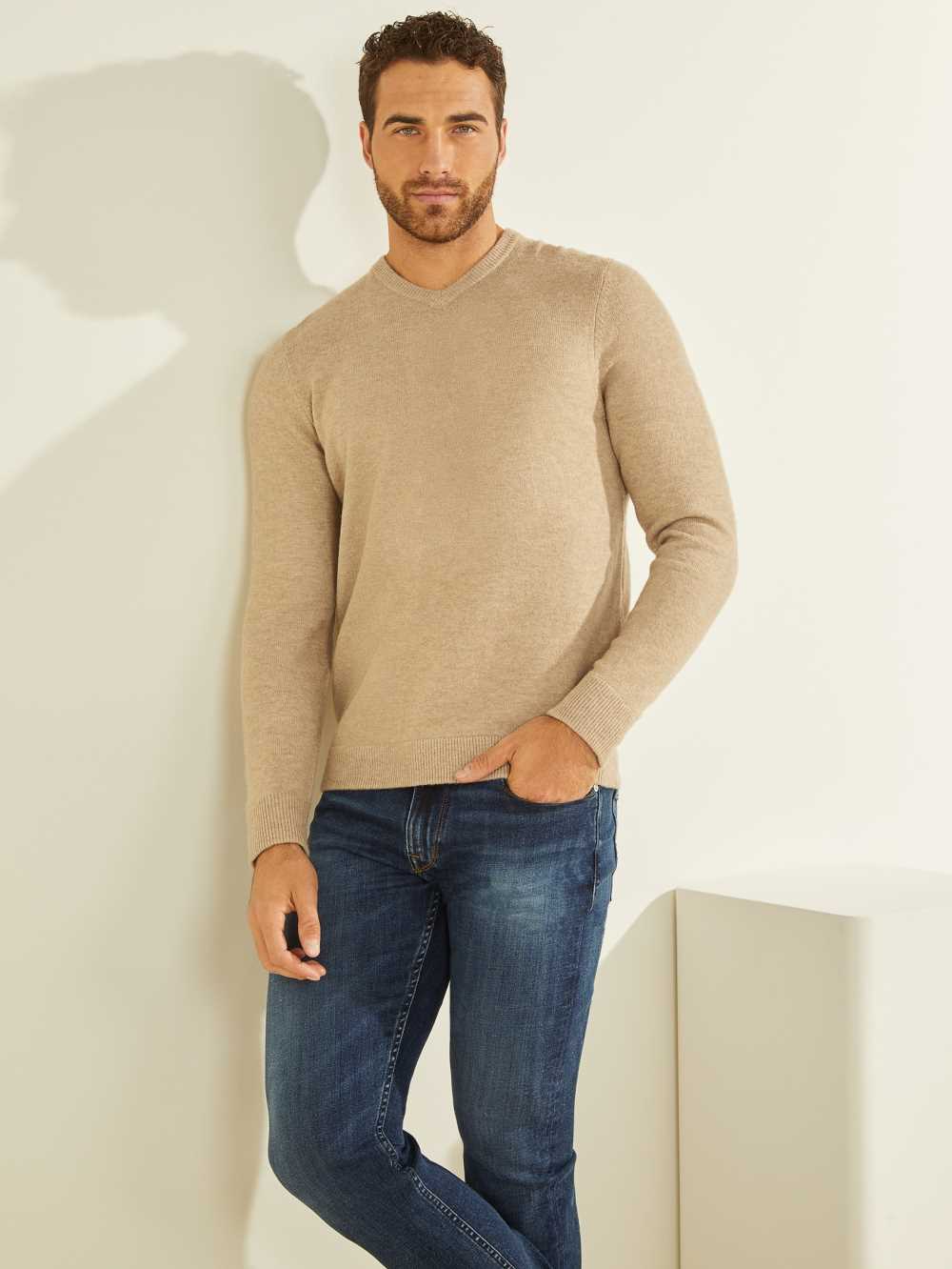 Grey Men\'s Guess Esmere Wool-Blend V-Neck Sweaters Australia Sale | 287LYBWRZ