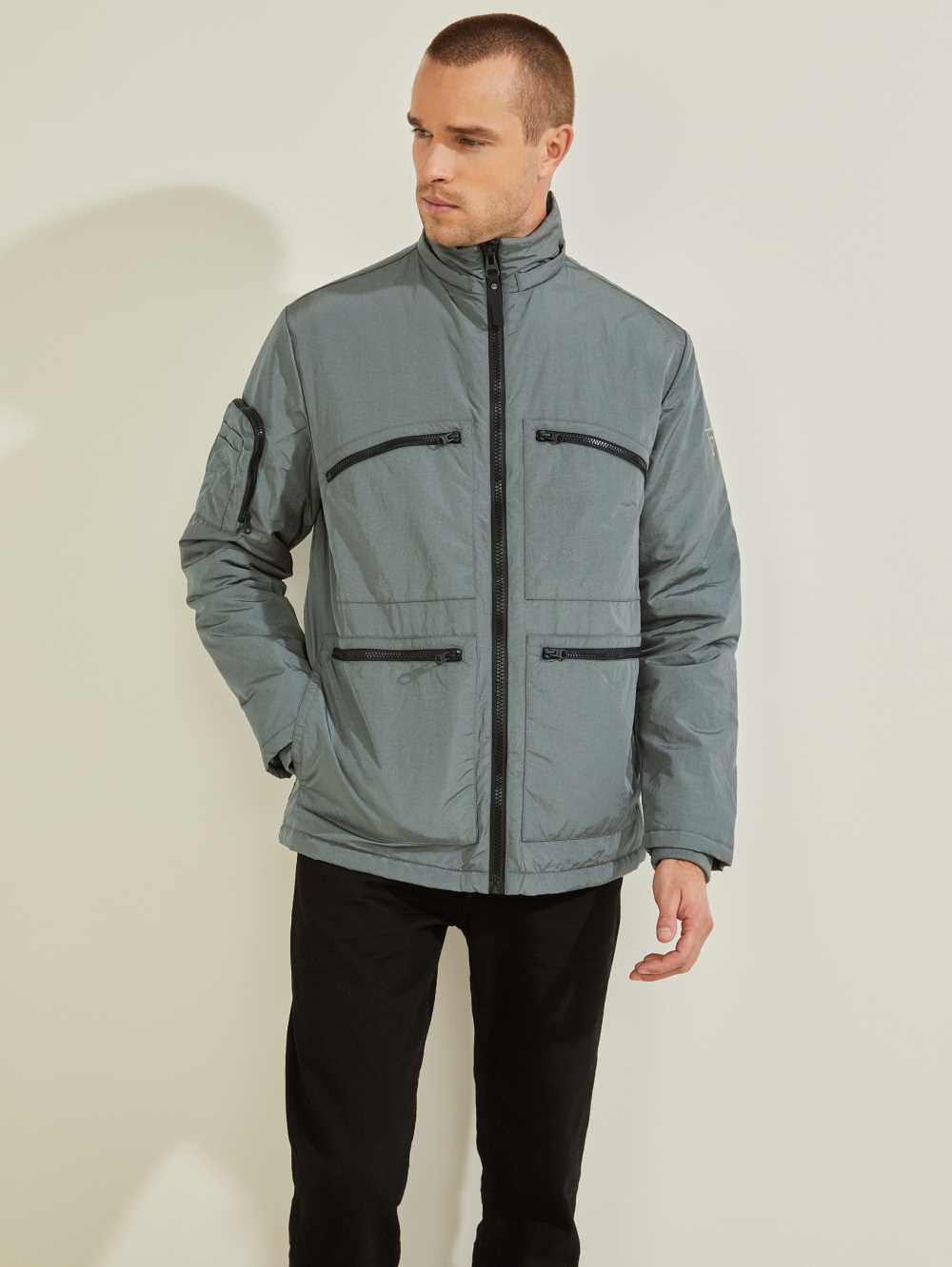 Grey Men's Guess Ross Hooded Puffer Jackets Australia Sale | 204XUPGHL