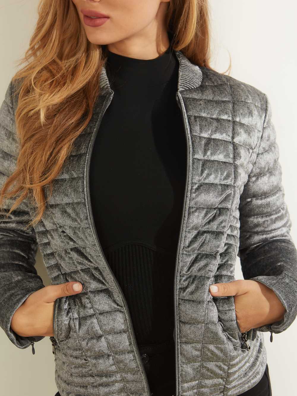 Grey Women's Guess Vera Velvet Quilted Jackets Australia Sale | 025GWYTLJ