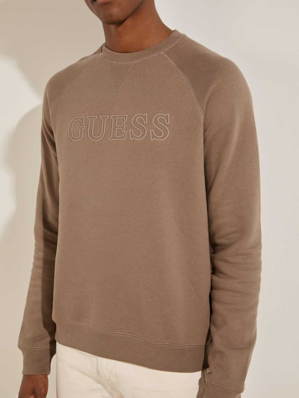 Khaki Men's Guess Aldwin Crewneck Sweatshirt Australia Sale | 543IZTKWS