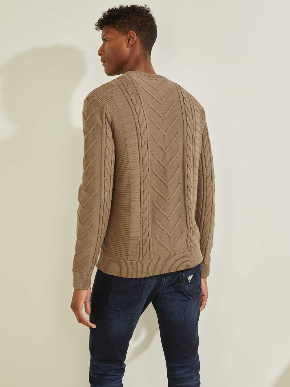 Khaki Men's Guess Liam Mixed Cable Sweaters Australia Sale | 875RNDMHC