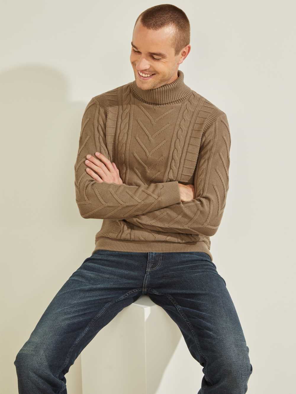 Khaki Men's Guess Liam Mixed Cable Turtleneck Sweaters Australia Sale | 351KBZRUX