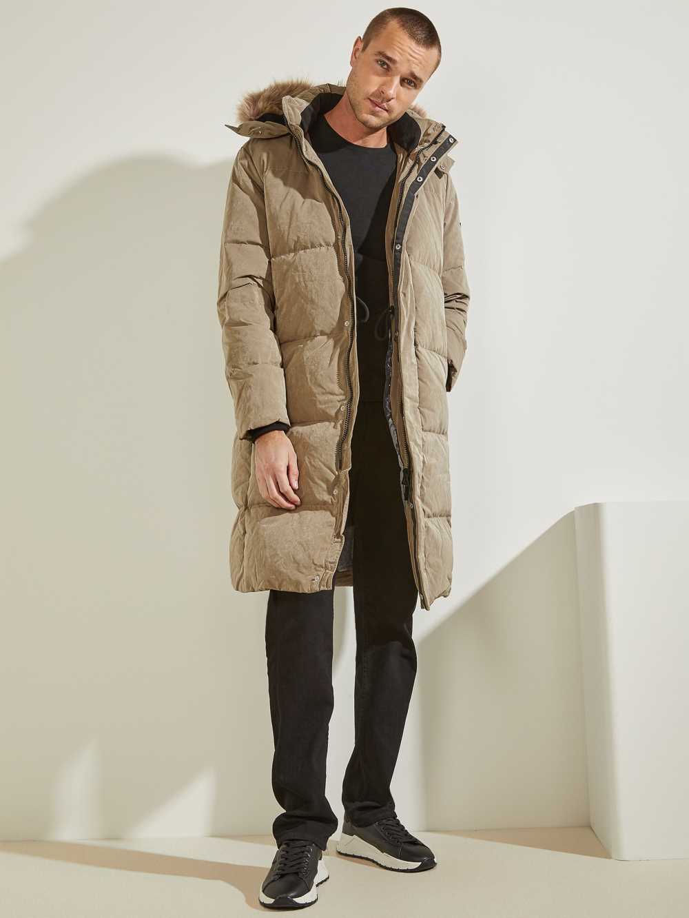 Khaki Men's Guess Warm Touch Long Puffer Jackets Australia Sale | 349SJIRKB