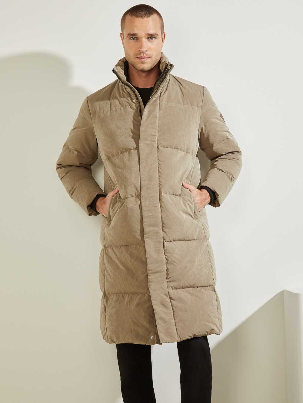 Khaki Men's Guess Warm Touch Long Puffer Jackets Australia Sale | 349SJIRKB