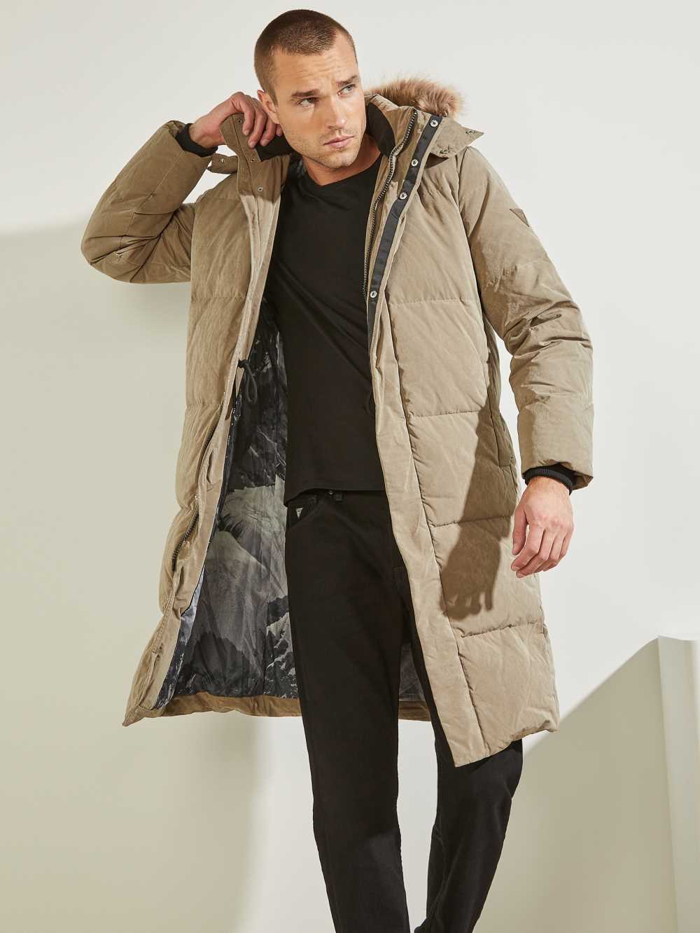 Khaki Men\'s Guess Warm Touch Long Puffer Jackets Australia Sale | 349SJIRKB