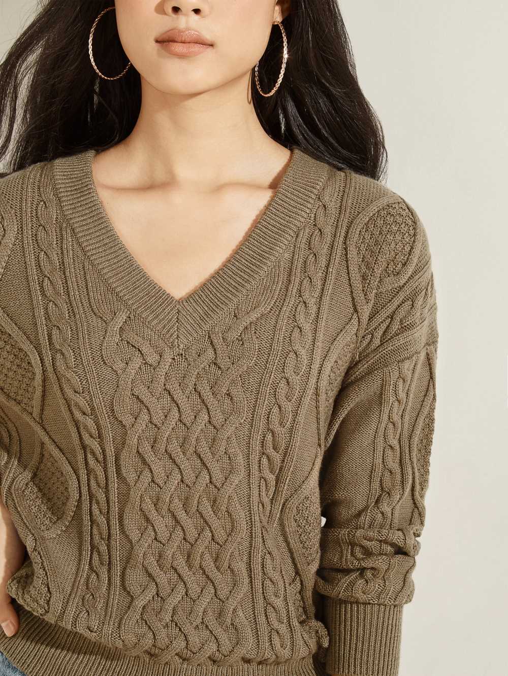 Khaki Women's Guess Noemi Cable Knit Sweaters Australia Sale | 874VSAWLC