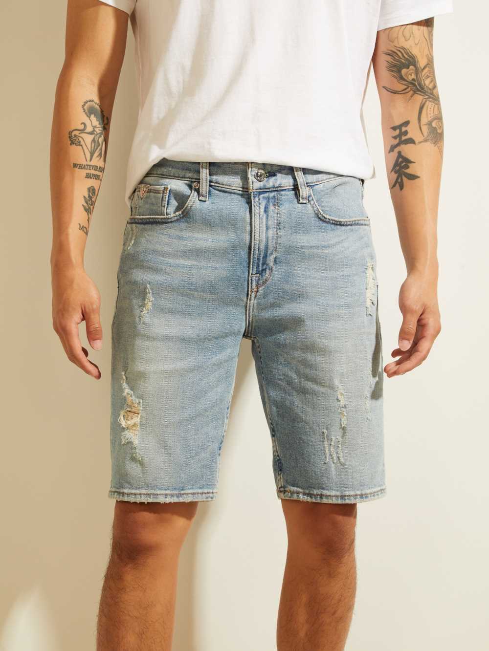 Light Blue Men\'s Guess Distressed Slim Denim Shorts Australia Sale | 541GWZCTQ