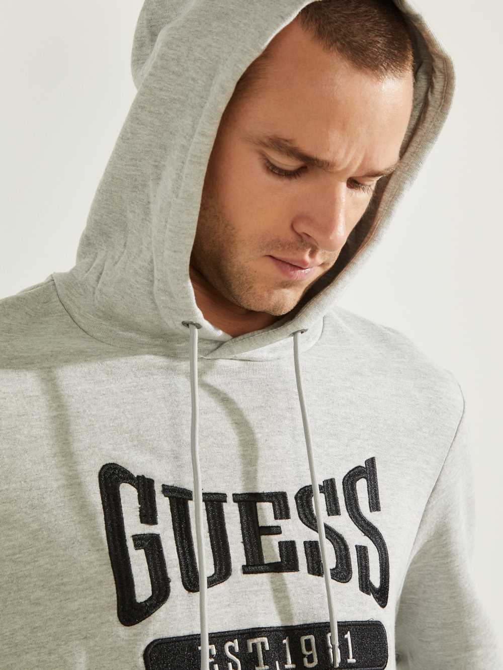 Light Grey Men's Guess Logo Active Hoodie Australia Sale | 120GFQJES