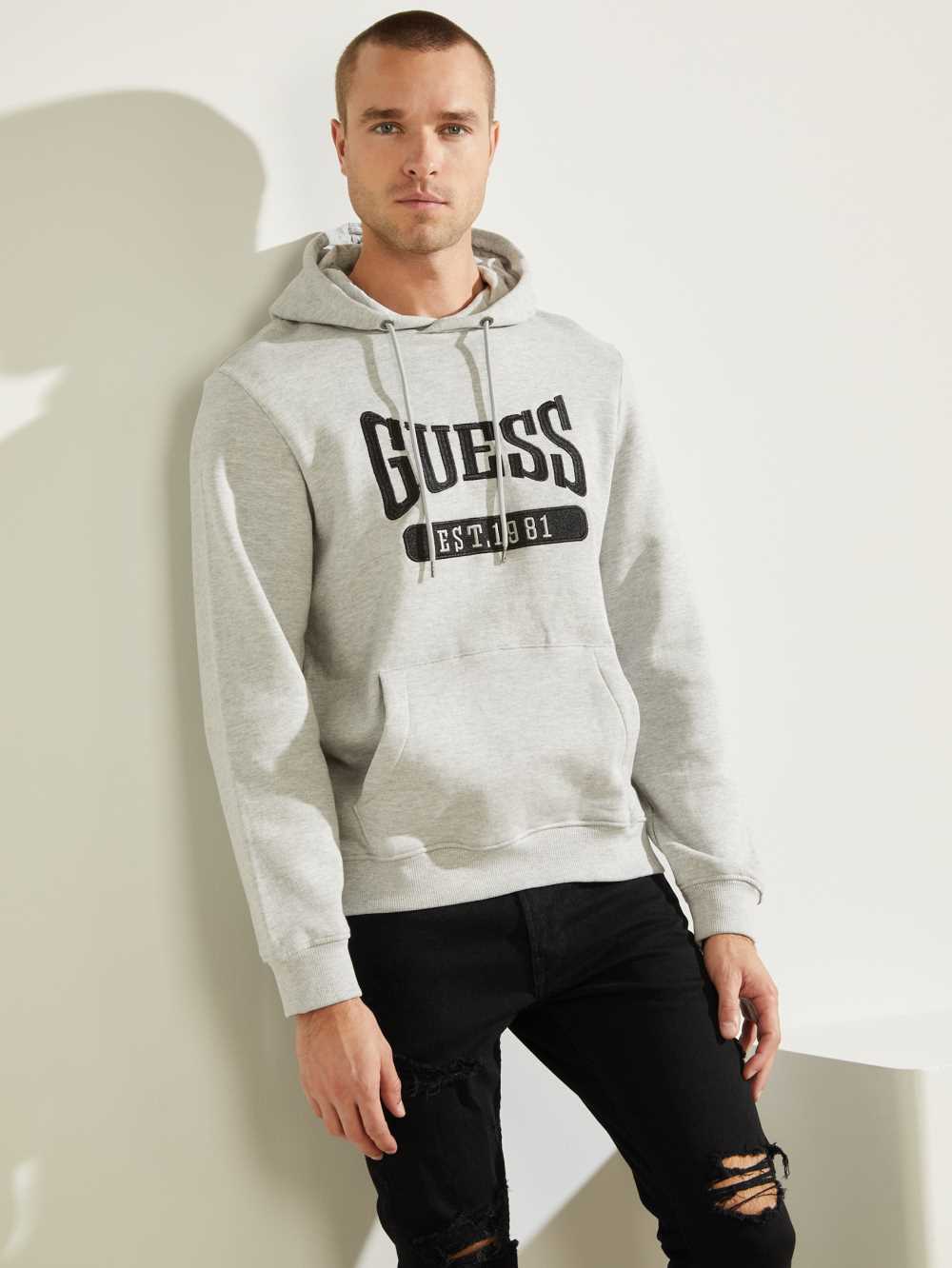 Light Grey Men\'s Guess Logo Active Hoodie Australia Sale | 120GFQJES