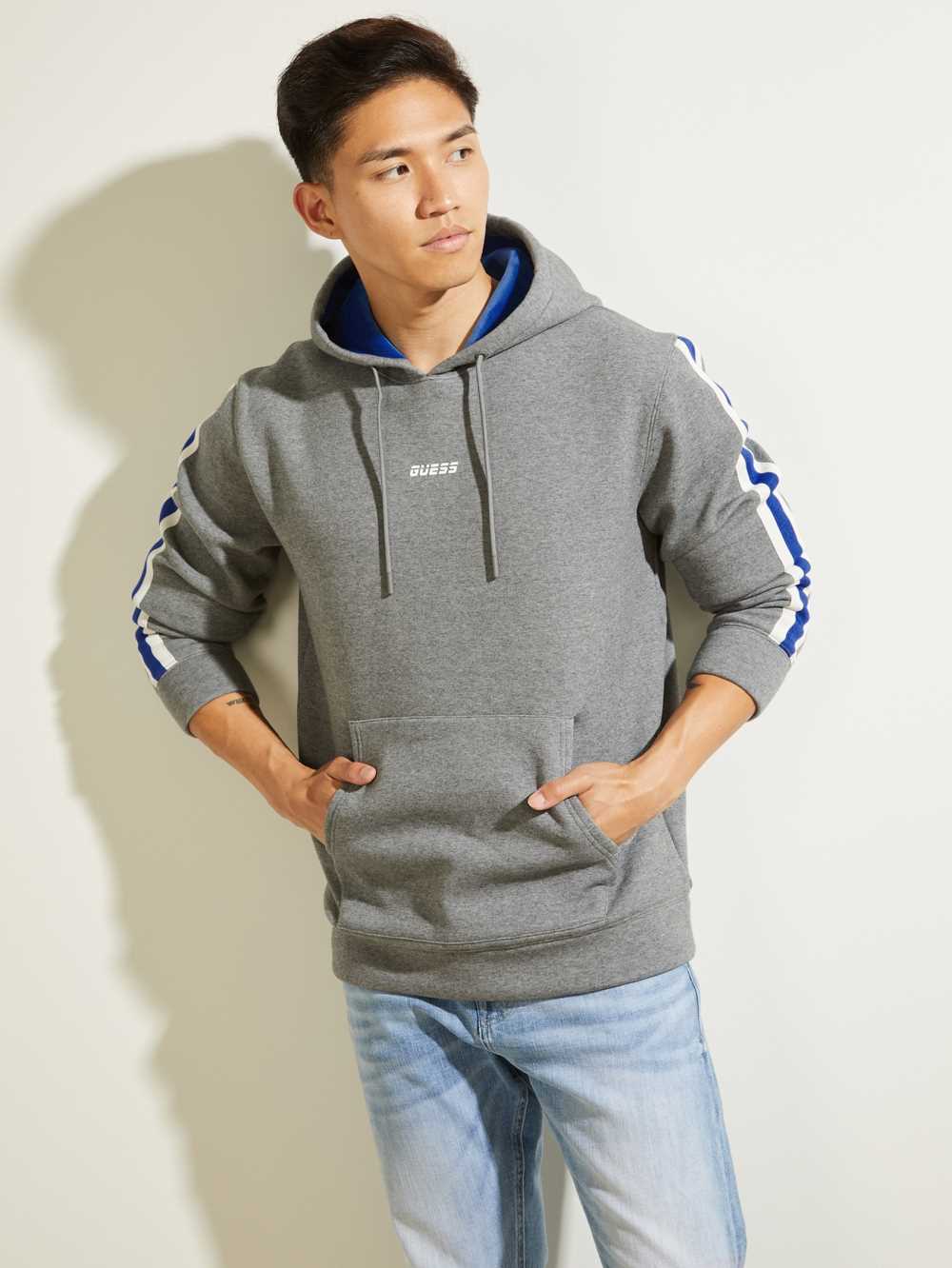 Light Grey Men\'s Guess Side Stripe Hoodie Australia Sale | 812SUWXIA