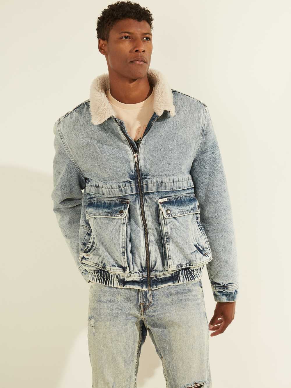 Light Indigo Men's Guess Denim Bomber Jackets Australia Sale | 137SYOMJF