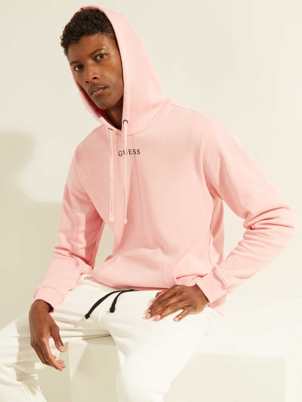 Light Pink Men\'s Guess Eco Roy Embroidered Logo Hoodie Australia Sale | 689UZIPOE