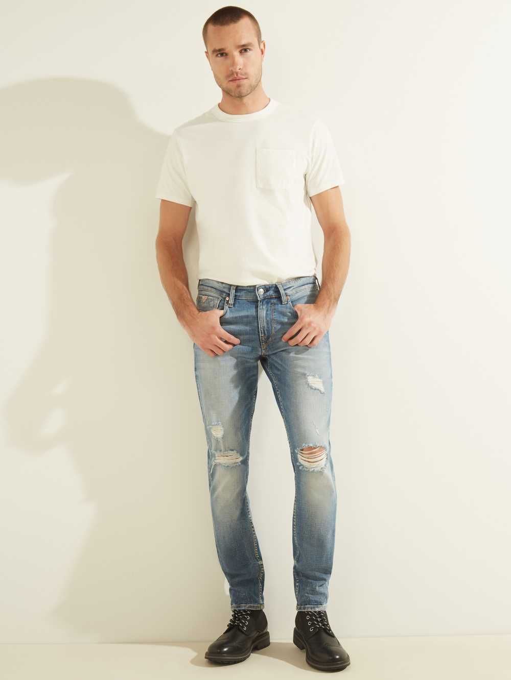 Light Wash Men's Guess Distressed Slim Tapered Jeans Australia Sale | 847TDRSHB