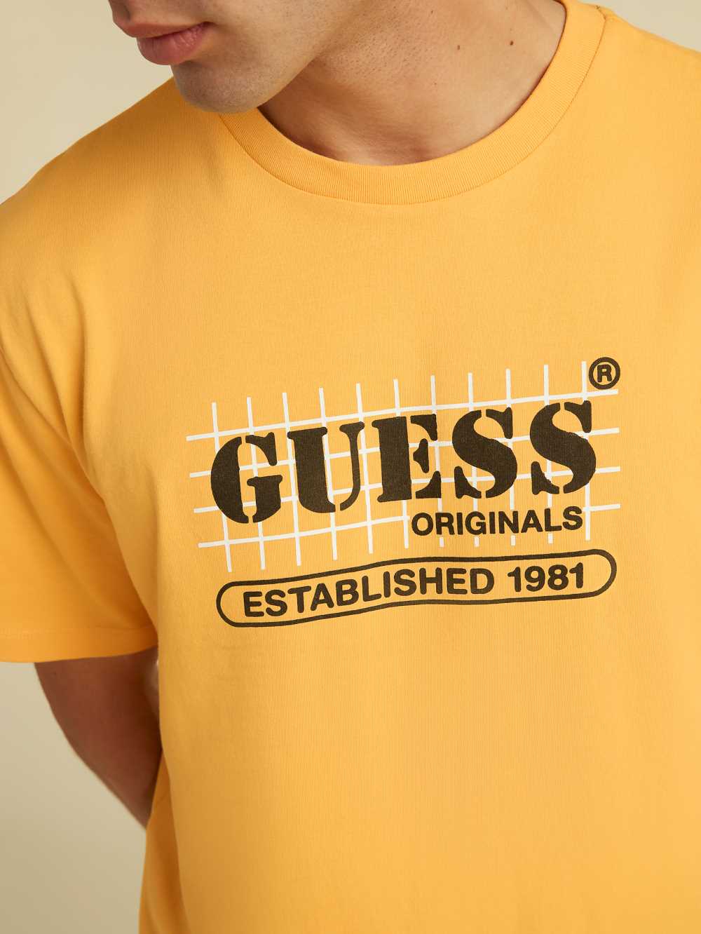 Mango Yellow Men's Guess Originals Grid T-shirt Australia Sale | 934QTBGZC