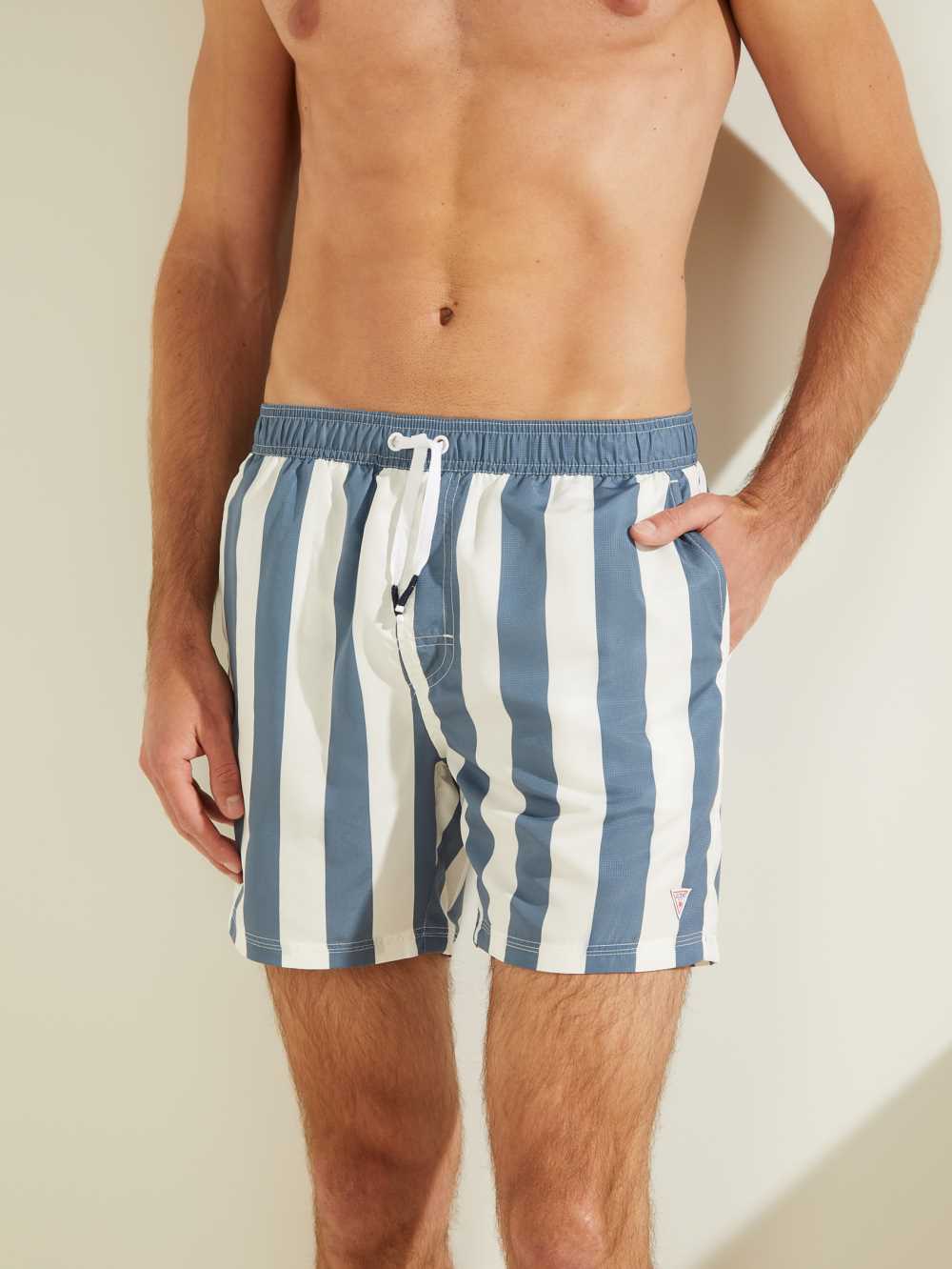 Navy Men's Guess Striped Woven Swim Trunks Swimwear Australia Sale | 452SCHFAP