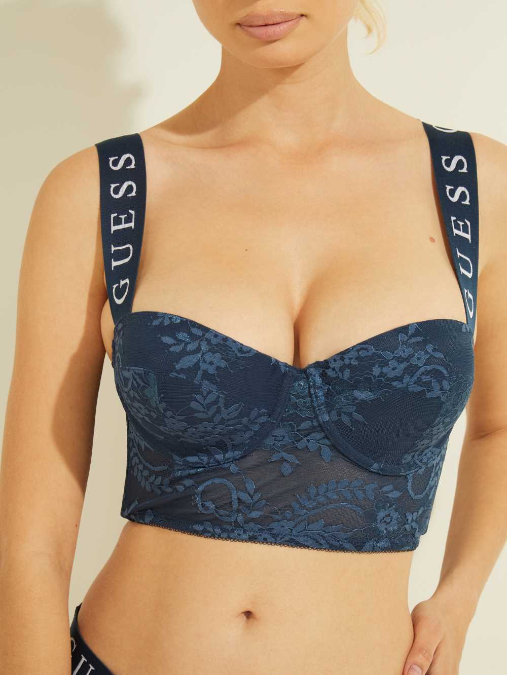 Navy Women's Guess Logo Tape Longline Bras Australia Sale | 364EHWBTM