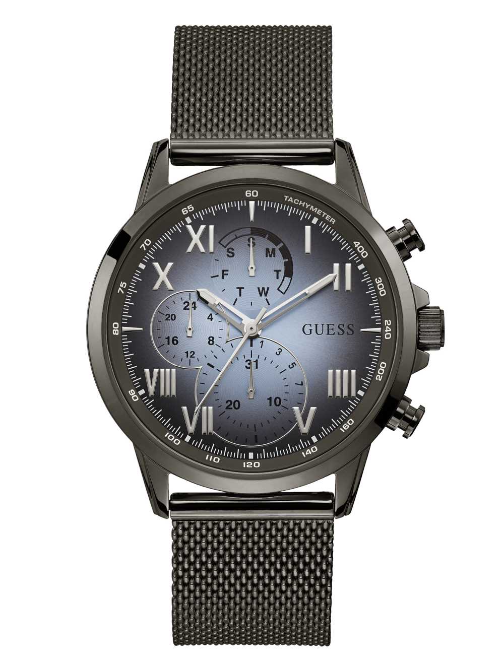 Obsidian Men\'s Guess Gunmetal And Blue Mesh Multifunctional Watches Australia Sale | 970DLGUMI