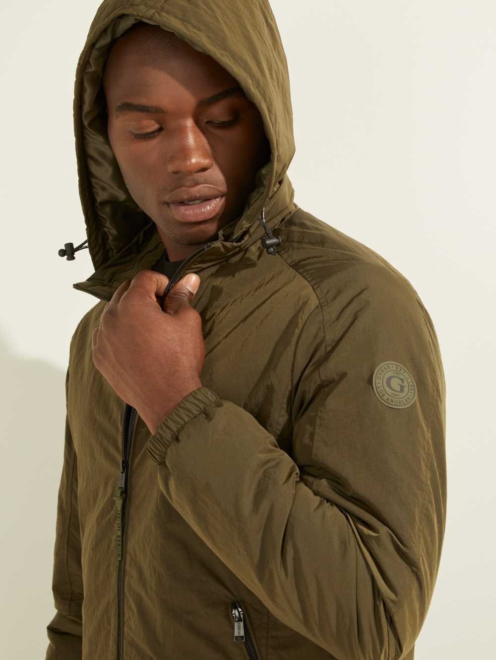 Olive Men's Guess Eco Hooded Windbreaker Australia Sale | 914YGUSMX