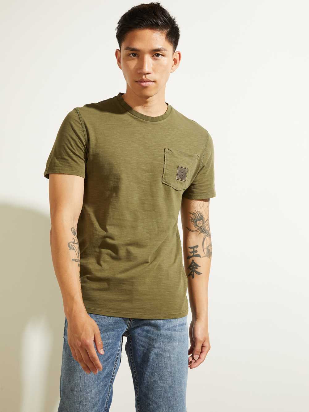 Olive Men\'s Guess G Stamp T-shirt Australia Sale | 194DYWGON