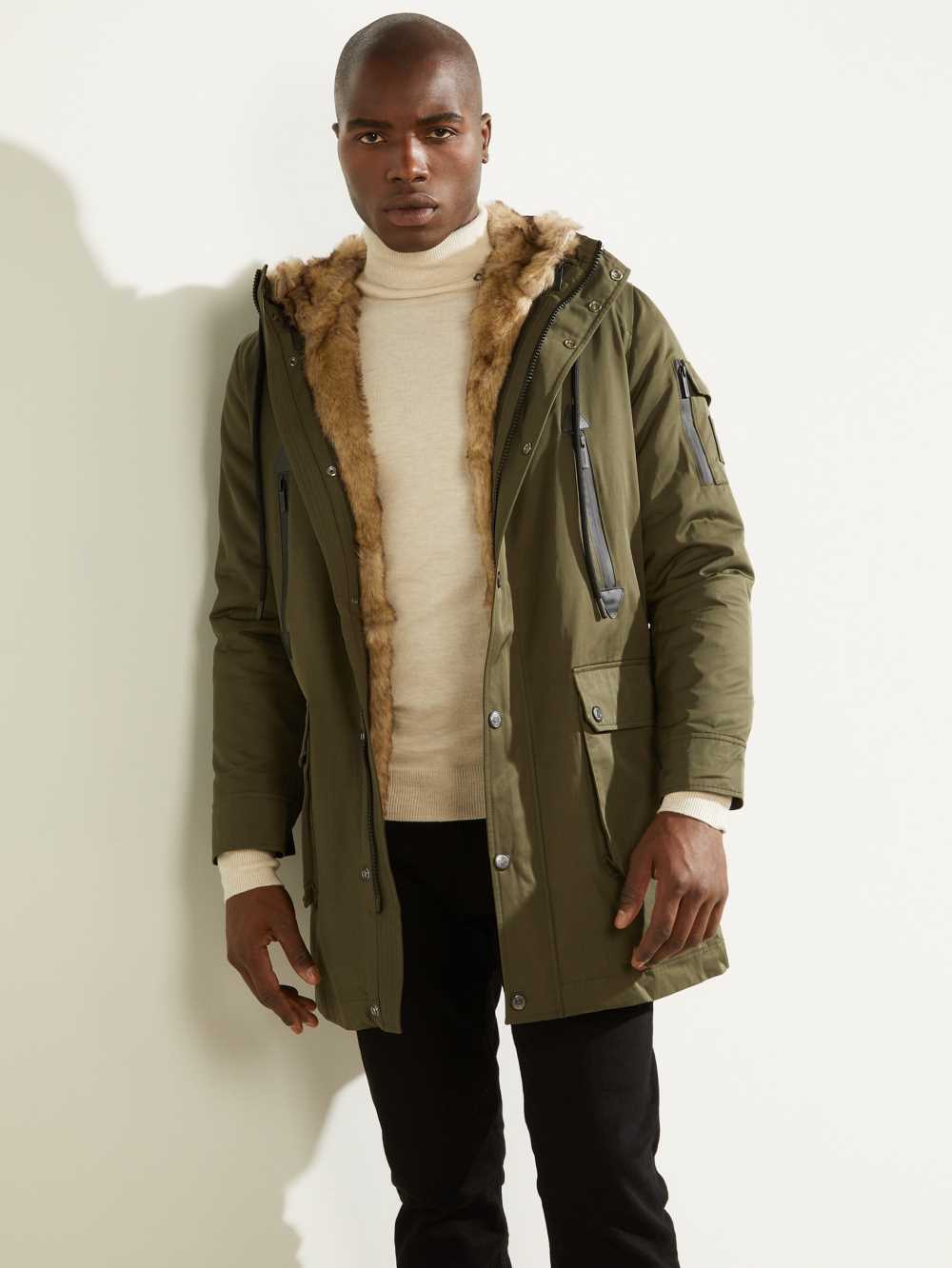 Olive Men\'s Guess Military Faux-Fur Lined Parka Jackets Australia Sale | 084HMYSZN