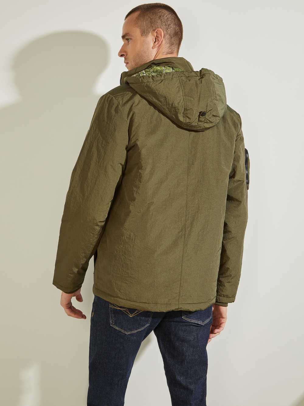 Olive Men's Guess Ross Hooded Puffer Jackets Australia Sale | 045AFEGZD