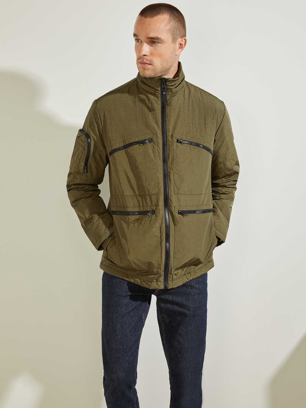 Olive Men's Guess Ross Hooded Puffer Jackets Australia Sale | 045AFEGZD