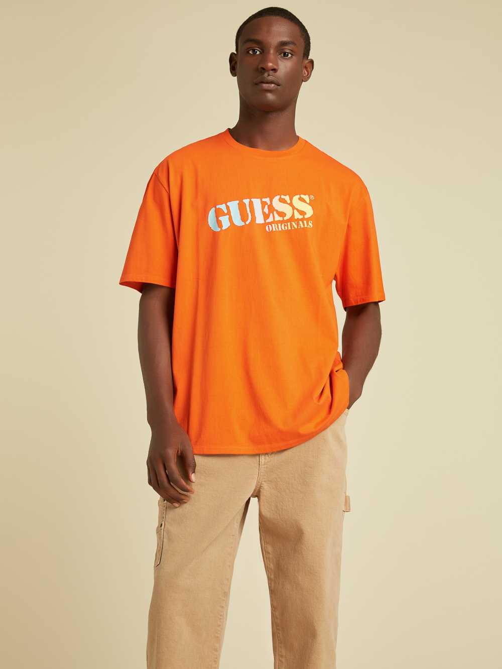 Orange Men\'s Guess Originals Ombre Logo T-shirt Australia Sale | 670VQYZLR