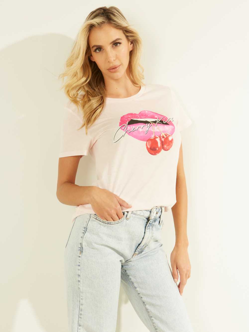 Pink Women\'s Guess Eco Cherry Kiss T-shirt Australia Sale | 209UGCDNM