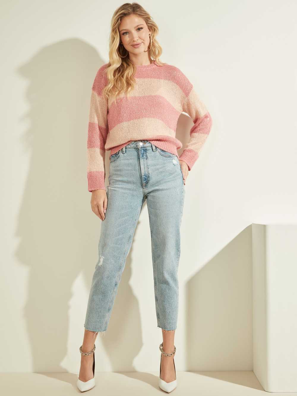 Pink Women's Guess Lorraine Stripe Alpaca-Blend Sweaters Australia Sale | 496FYNPOA