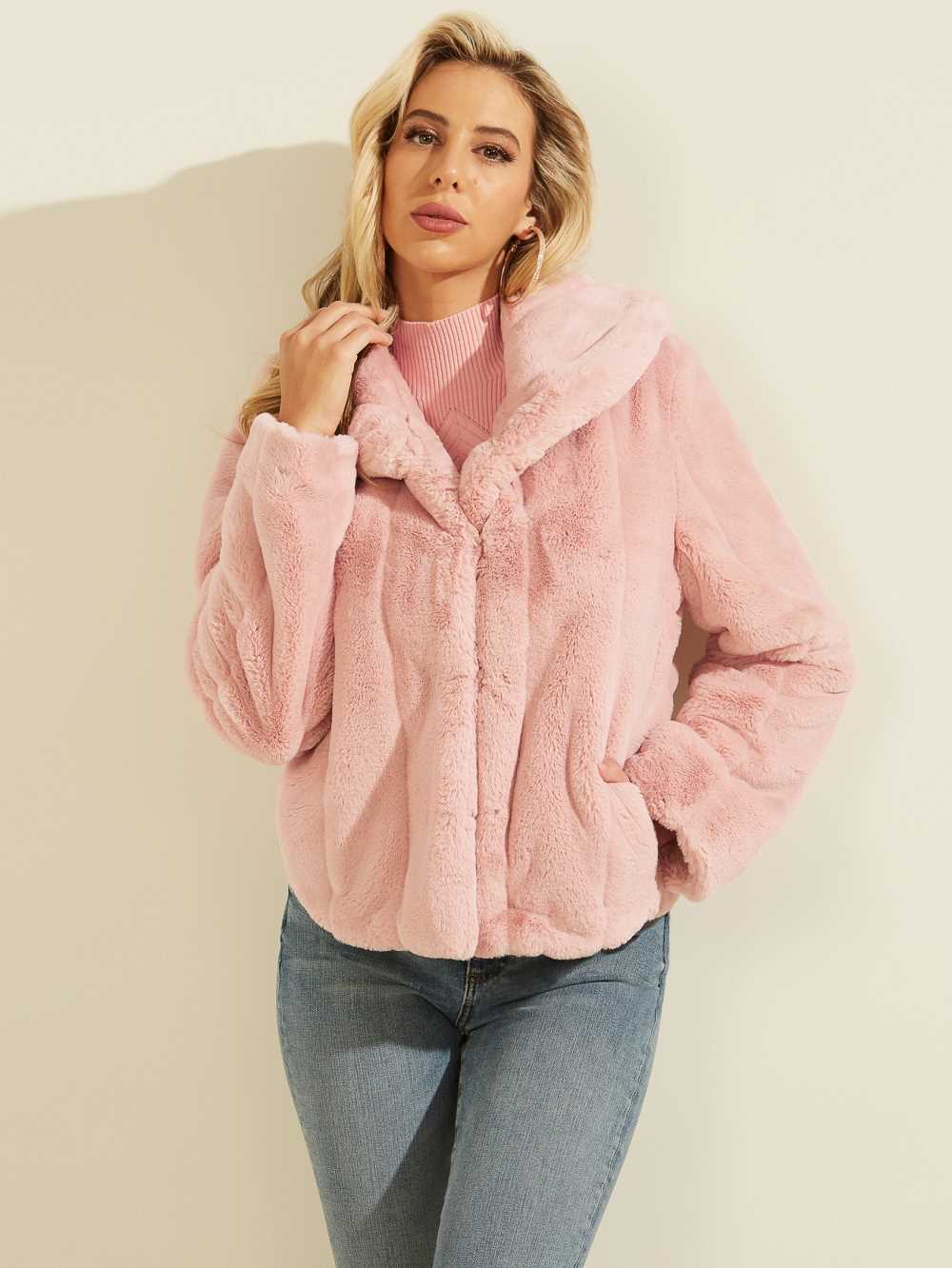 Pink Women's Guess Sophy Faux-Fur Jackets Australia Sale | 954JWAPMS