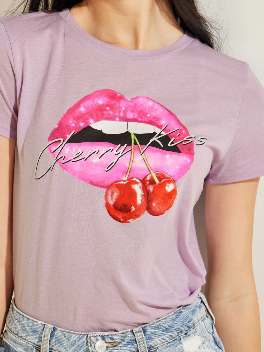 Purple White Women's Guess Eco Cherry Kiss T-shirt Australia Sale | 320QMHTJI