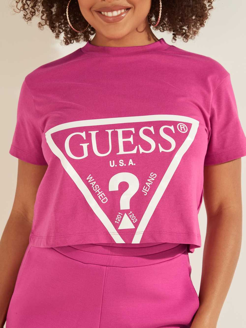 Purple Women's Guess Cropped Logo T-shirt Australia Sale | 846ZQFBJR