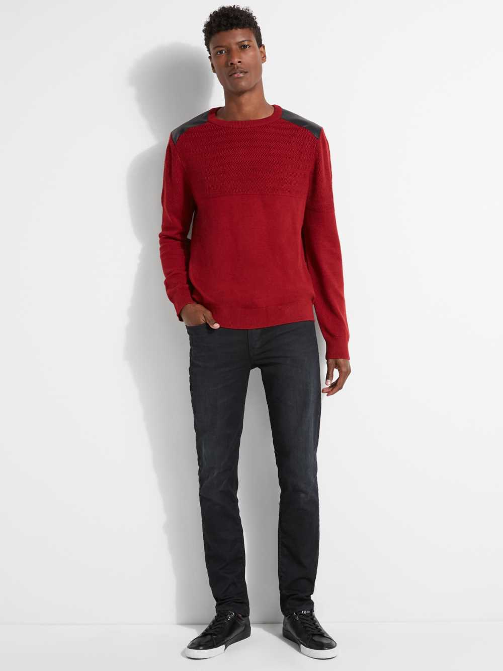 Red Men's Guess Liam Herringbone Contrast Sweaters Australia Sale | 125NDCWQU