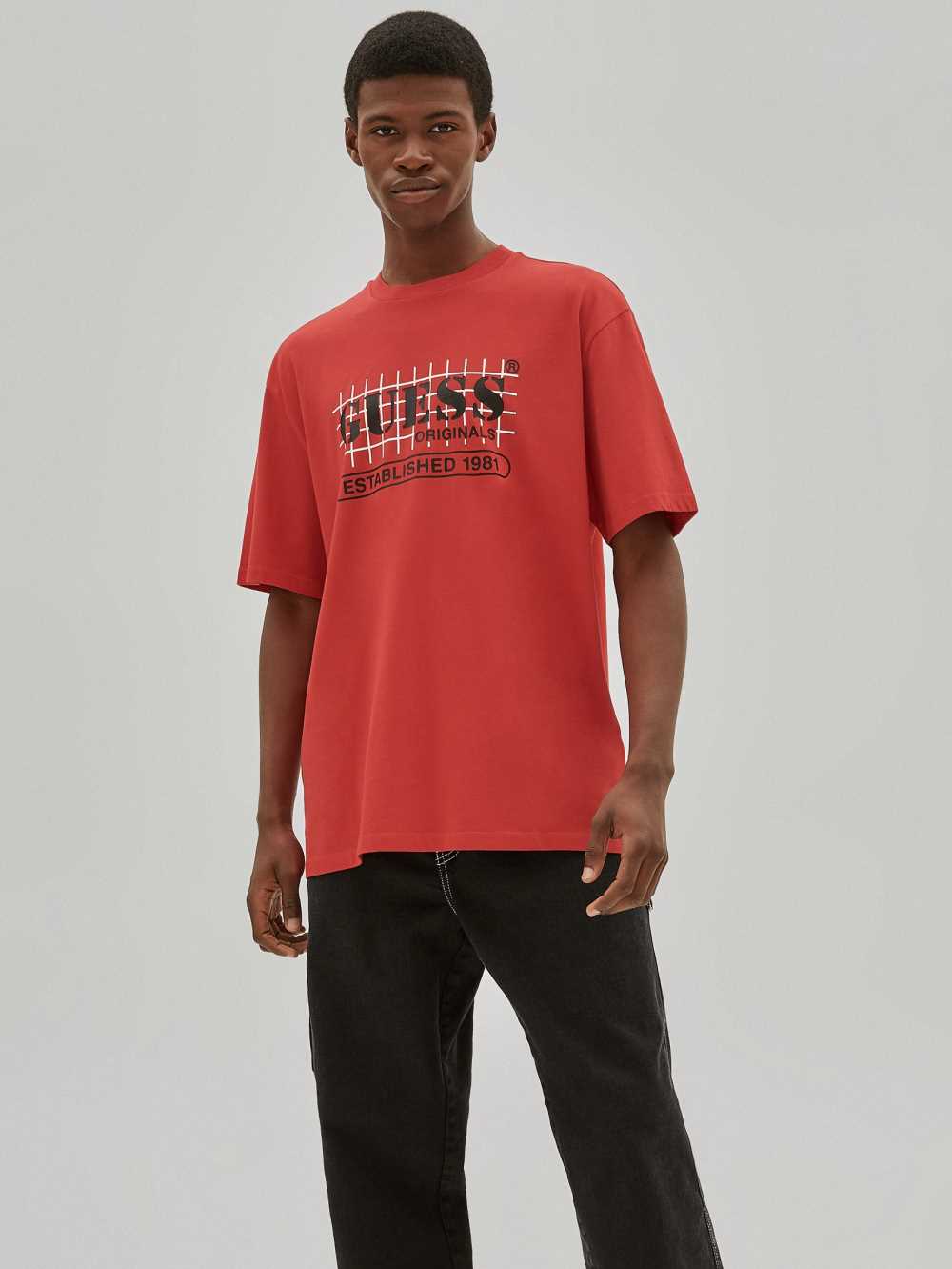 Red Men\'s Guess Originals Grid T-shirt Australia Sale | 748DNOYCQ