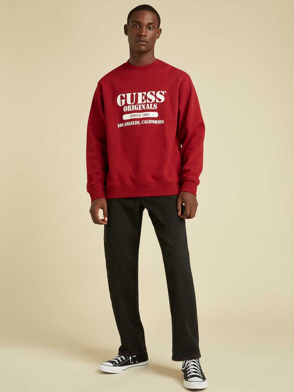 Red Men's Guess Originals Logo Crewneck Sweatshirt Australia Sale | 045ZVRDUC