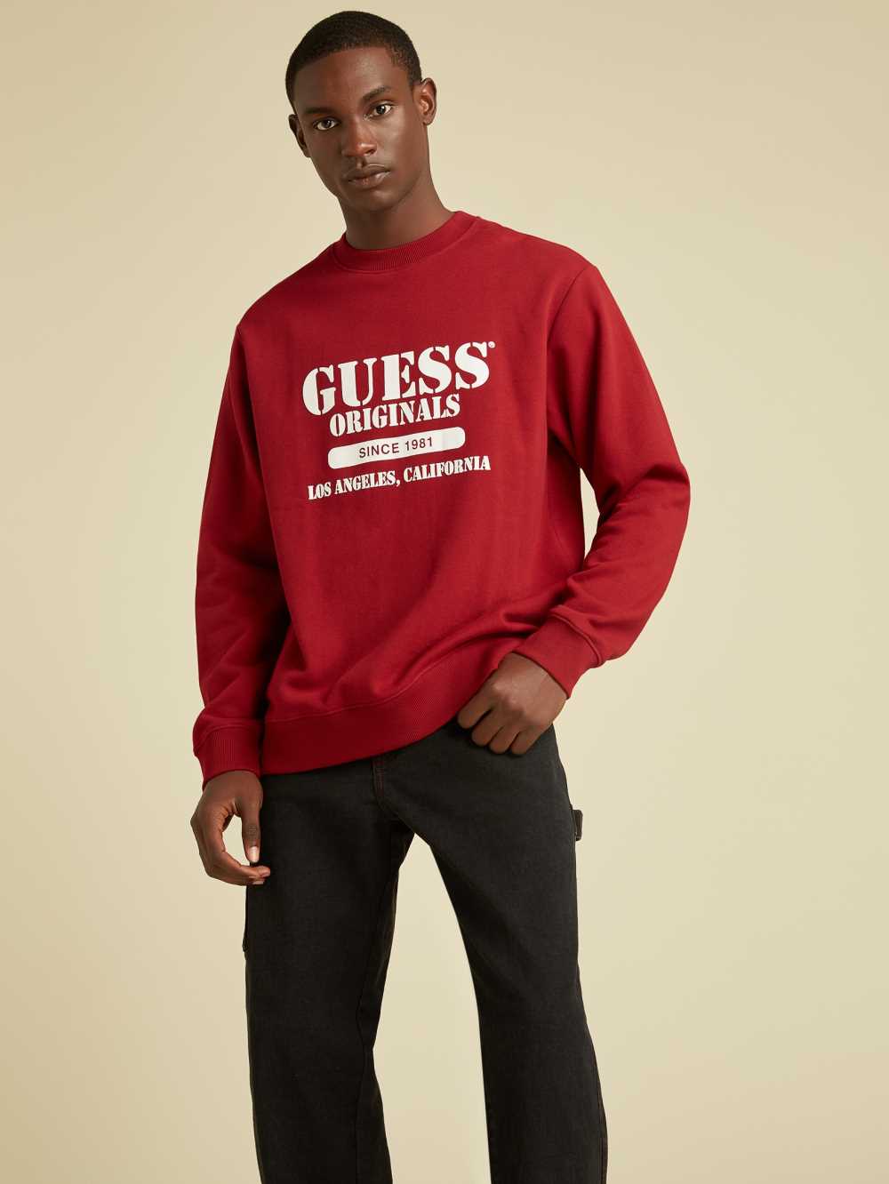 Red Men's Guess Originals Logo Crewneck Sweatshirt Australia Sale | 045ZVRDUC