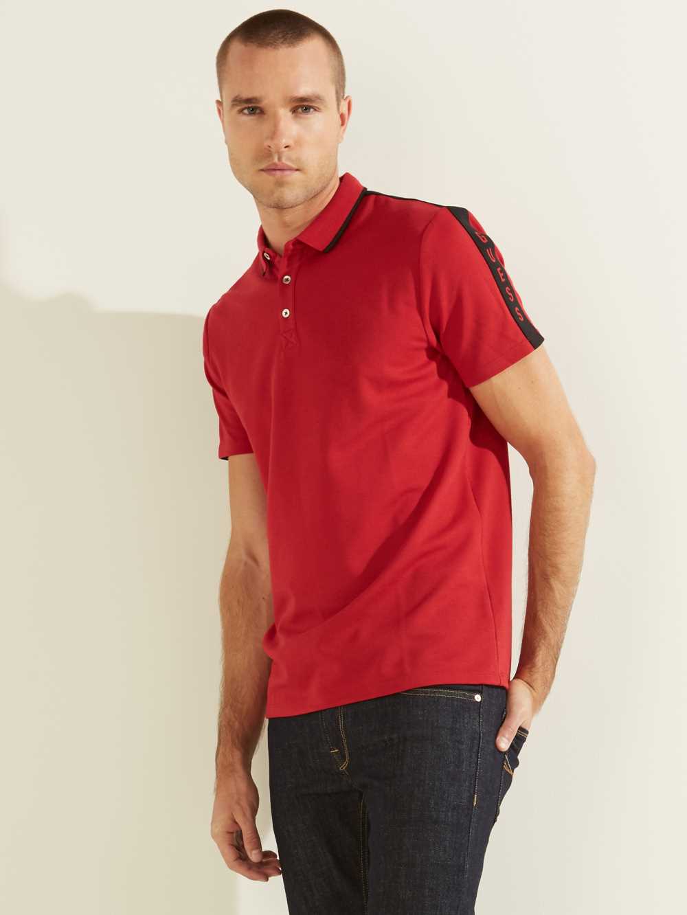 Red Men\'s Guess Pique Logo-Taping Polo Shirts Australia Sale | 109MVGFUE