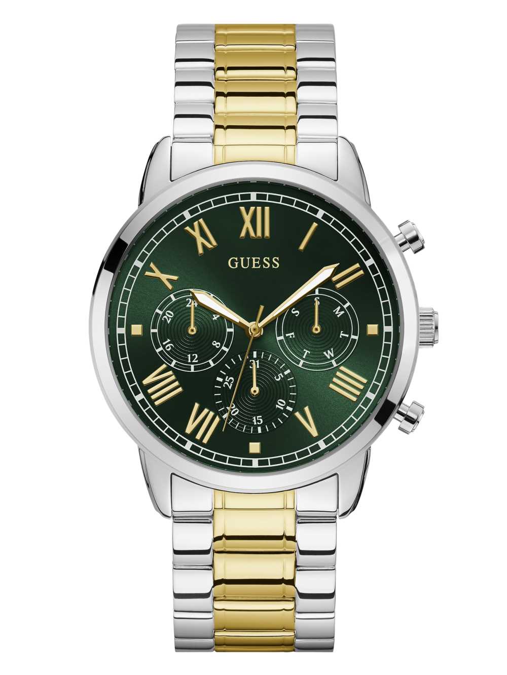 Silver Men\'s Guess Green Two-Tone Multifunction Watches Australia Sale | 706CEMFGB