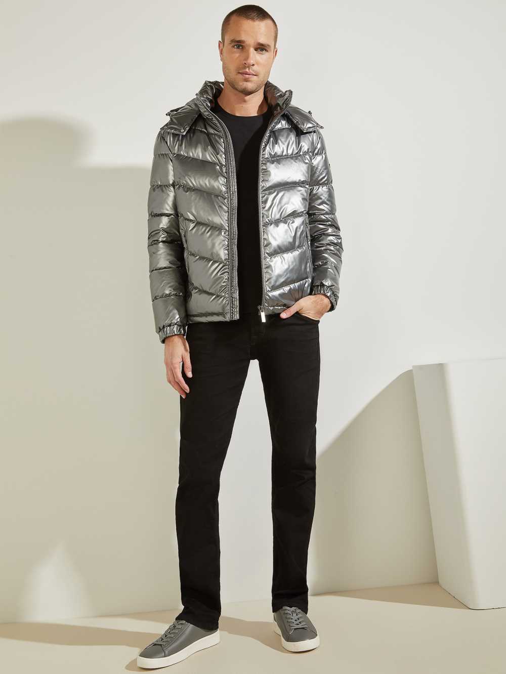 Silver Men's Guess Metal Space Puffer Jackets Australia Sale | 386MFCEDW