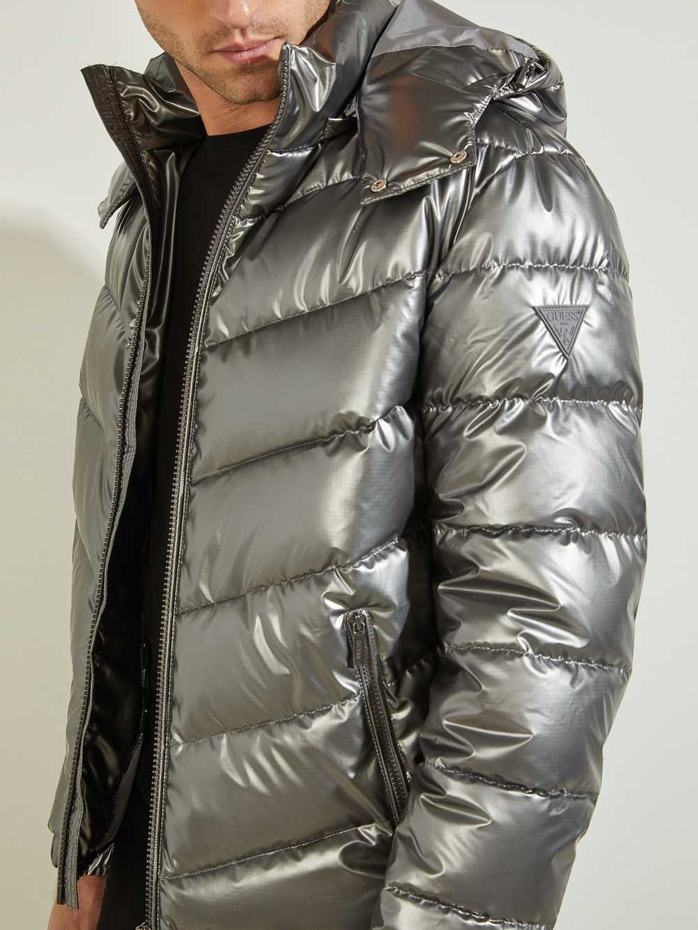 Silver Men's Guess Metal Space Puffer Jackets Australia Sale | 386MFCEDW