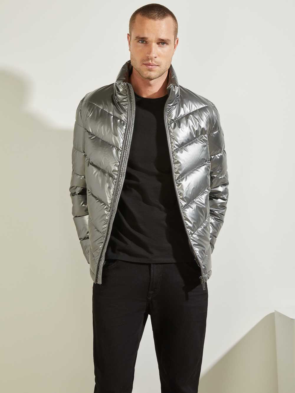 Silver Men's Guess Metal Space Puffer Jackets Australia Sale | 386MFCEDW