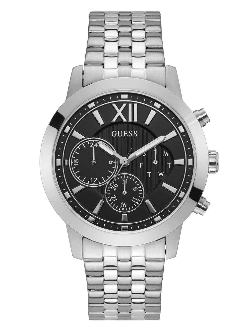 Silver Men\'s Guess Silver-Tone And Black Chrono-Look Multifunction Watches Australia Sale | 359OZFEPH