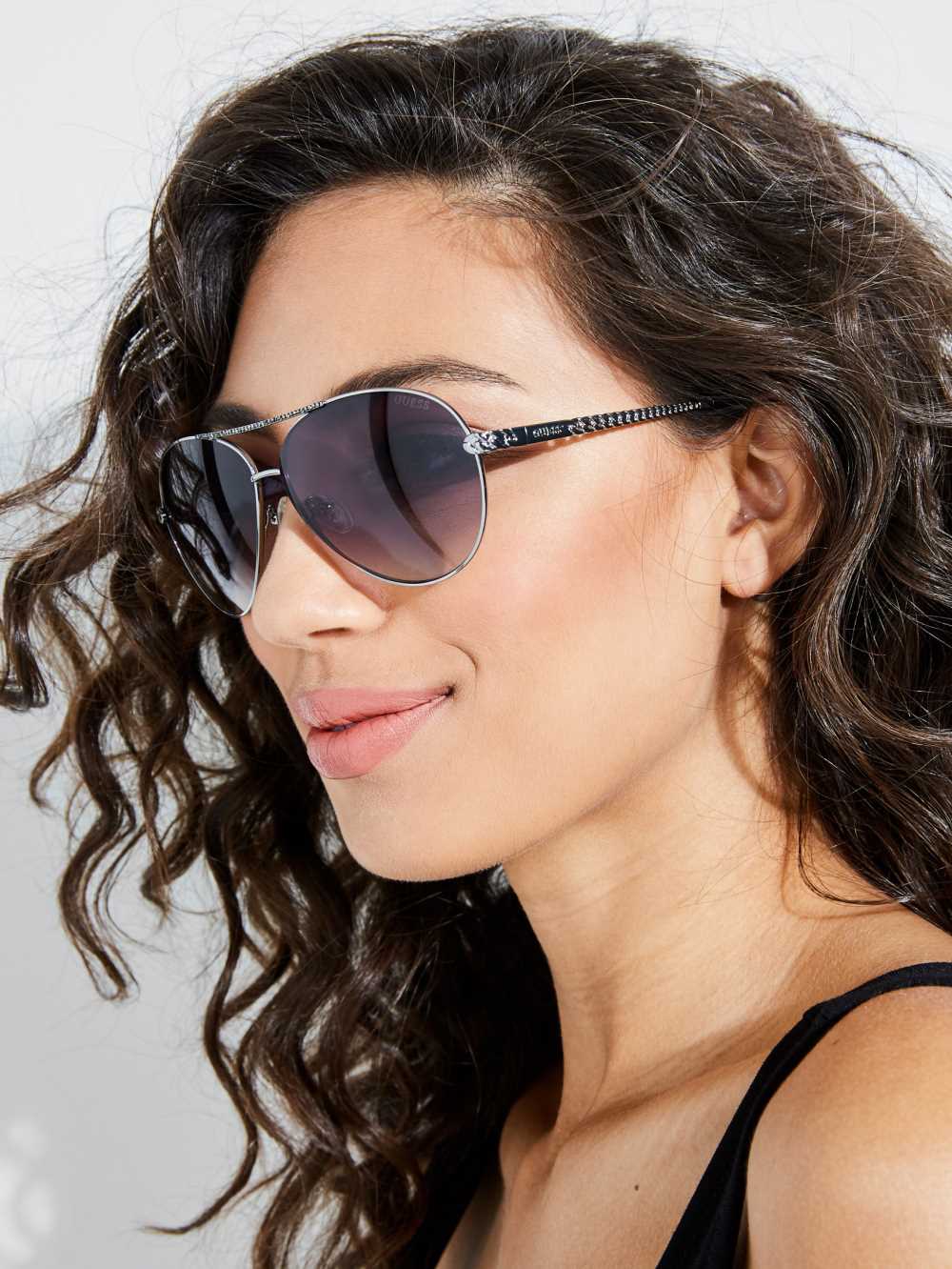 Silver Women's Guess Catherine Rhinestone Aviator Sunglasses Australia Sale | 089RAMUGK