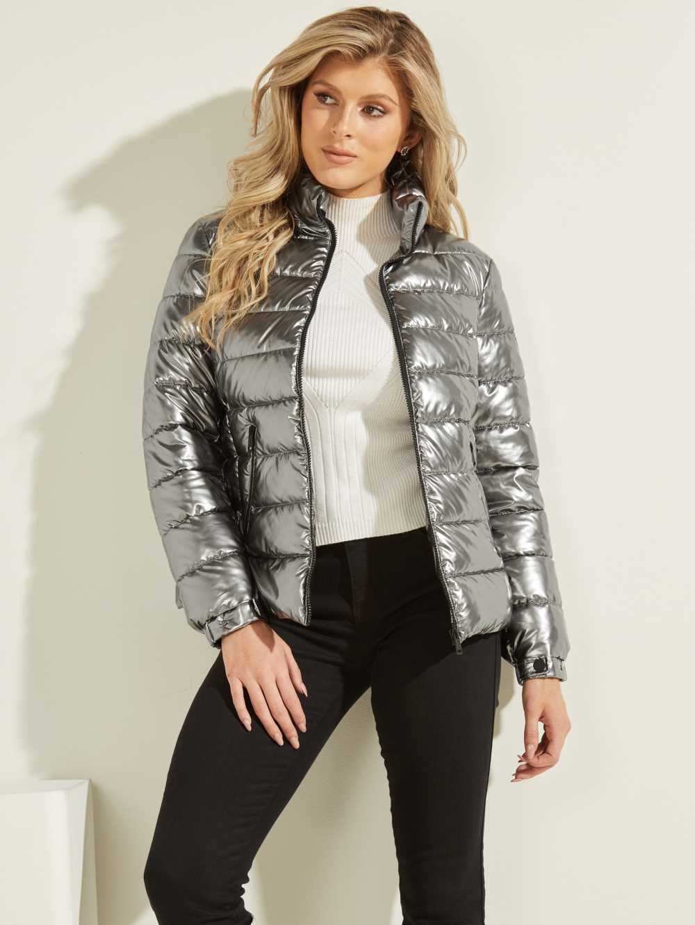 Silver Women's Guess Fiorenza Metallic Puffer Jackets Australia Sale | 706HDCFAX