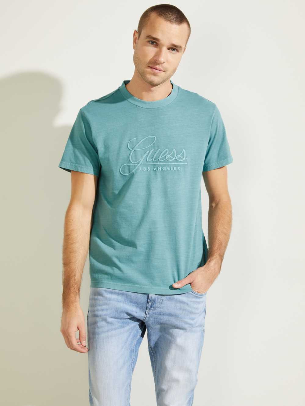 Turquoise Men's Guess Classical Embroidered Logo T-shirt Australia Sale | 705QXWJIM