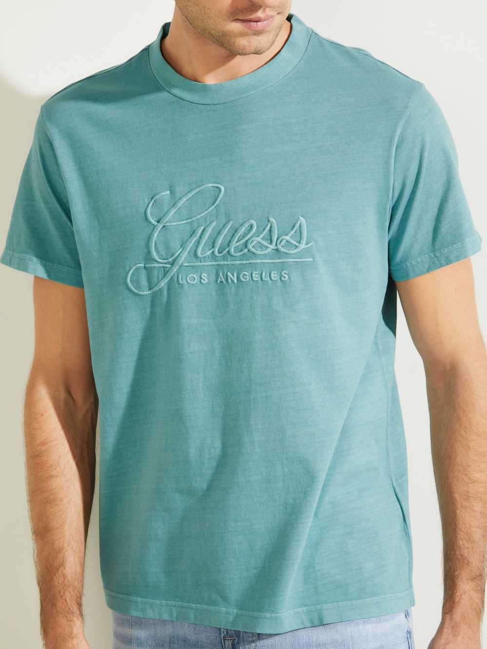 Turquoise Men's Guess Classical Embroidered Logo T-shirt Australia Sale | 705QXWJIM