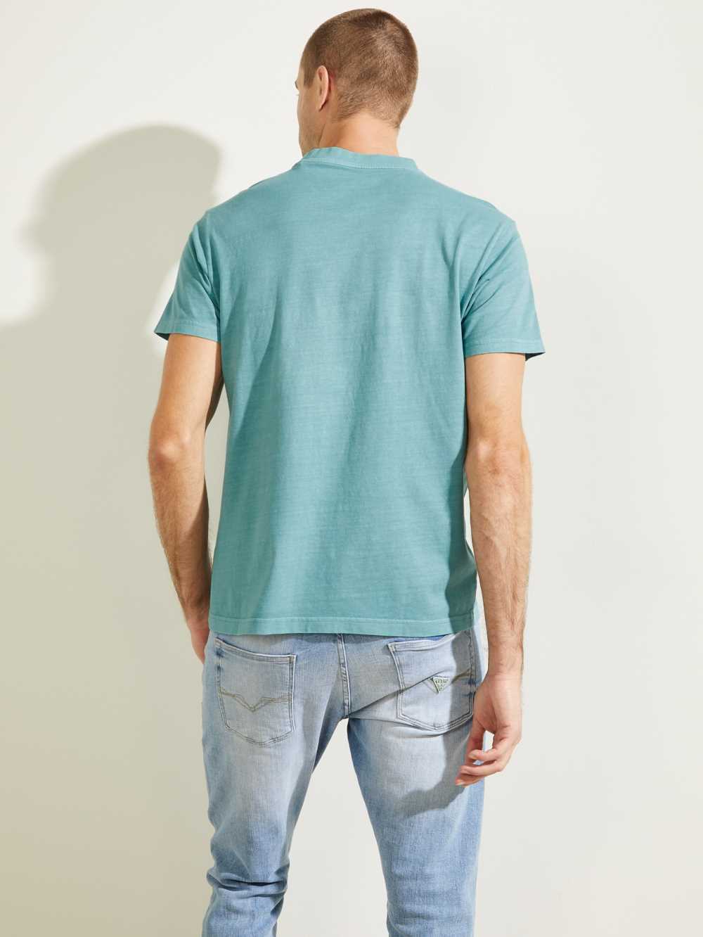 Turquoise Men's Guess Classical Embroidered Logo T-shirt Australia Sale | 705QXWJIM