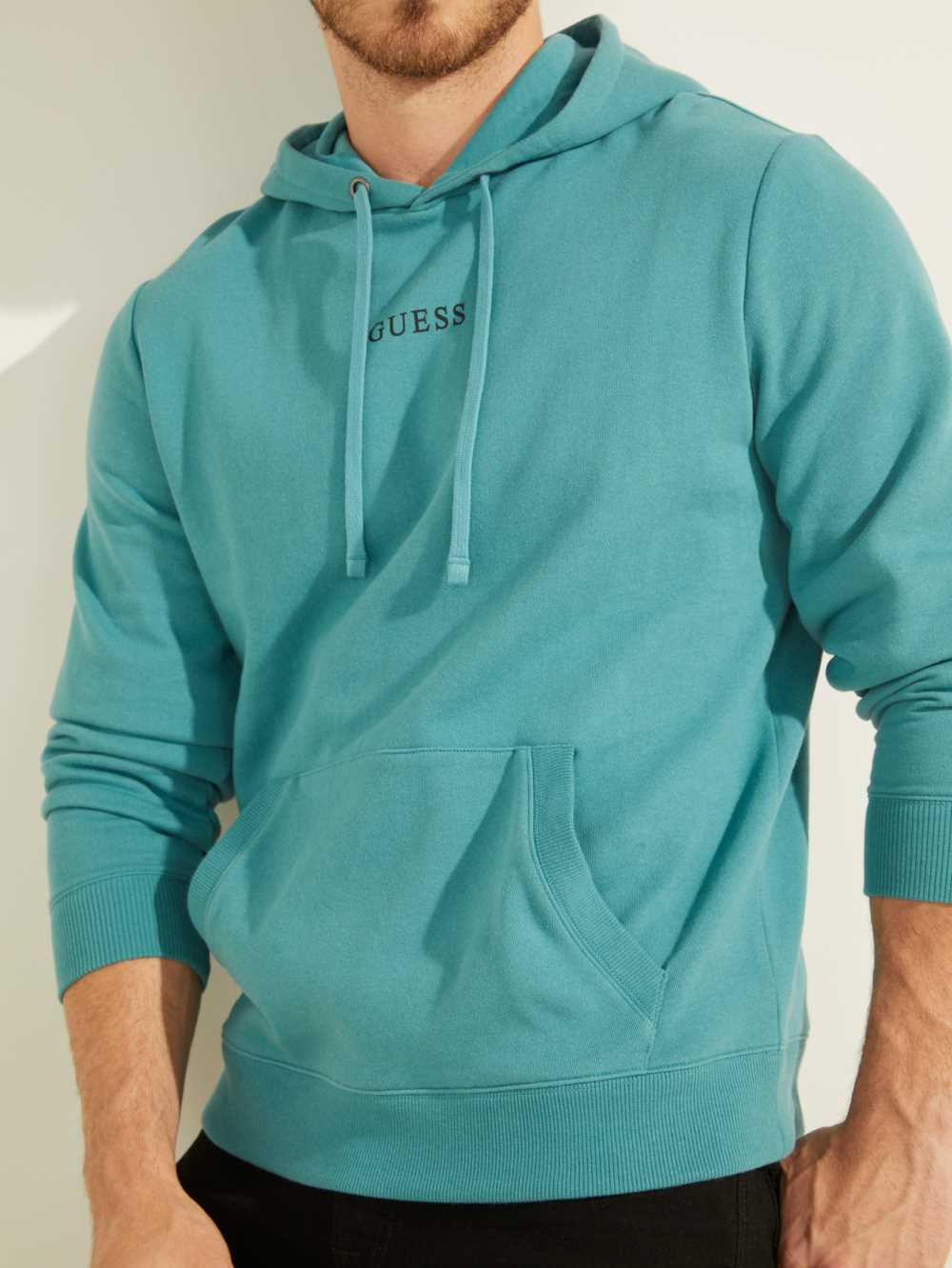 Turquoise Men's Guess Eco Roy Embroidered Logo Hoodie Australia Sale | 415ODATXL